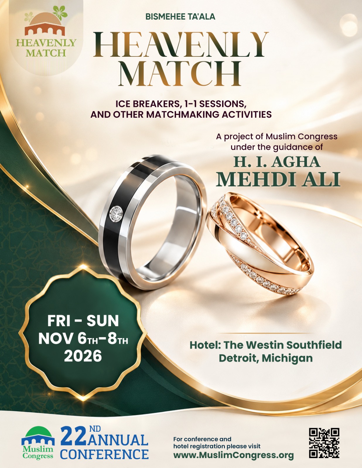 Heavenly Match flyer: ice breakers, 1-on-1 sessions and other matchmaking activities, Fri–Sun Nov 6–8, 2026